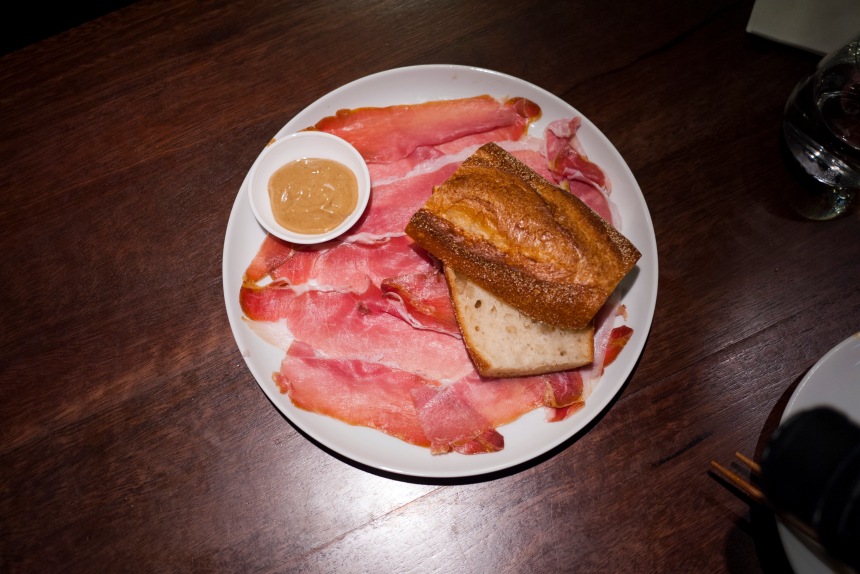 Smoked prosciutto with red eye mayo, baguette